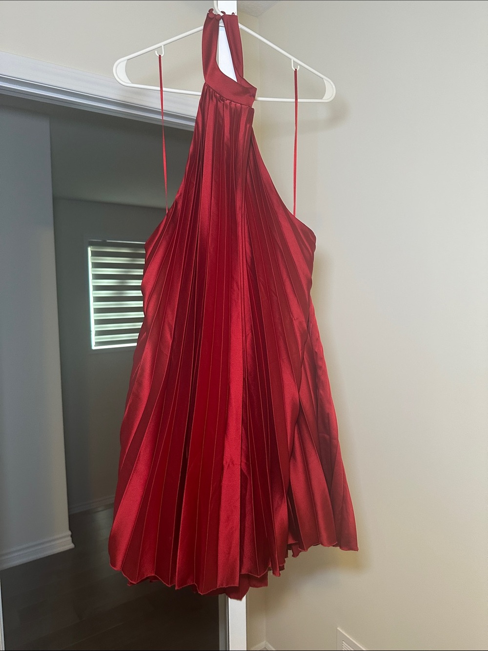Red Pleated Satin Halter Cocktail Dress